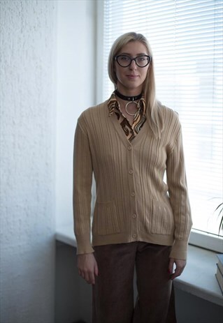 VINTAGE 80'S CAMEL RIBBED BUTTON UP V-NECK CARDIGAN
