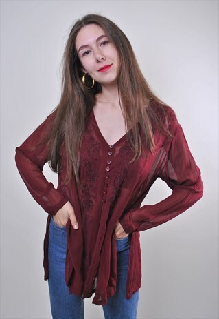 WOMAN VINTAGE RED LACE LONG TRANSPARENT BLOUSE