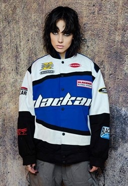 Racing jacket multi patch padded motorcycle bomber in blue
