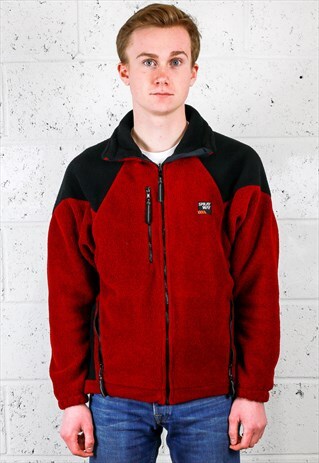 DEEP RED ZIP-UP FLEECE WITH BLACK SHOULDERS.