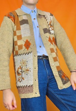 Vintage Funky Knit Argyle Check Embroidered Floral Cardigan