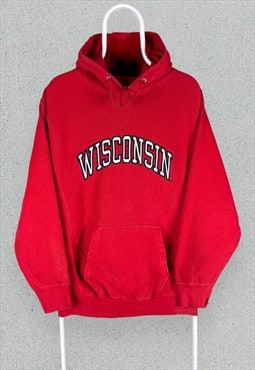 Vintage Wisconsin Red Hoodie Embroidered Mens Small