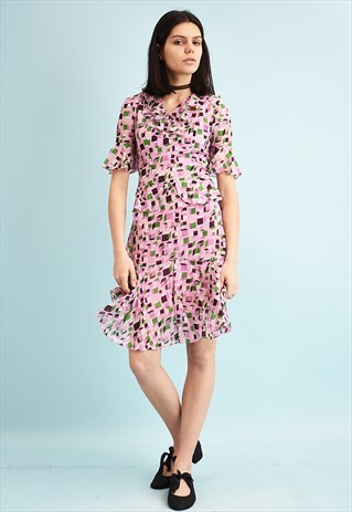VINTAGE 70'S RETRO ABSTRACT PRINT RUFFLE DRAPED MINI DRESS