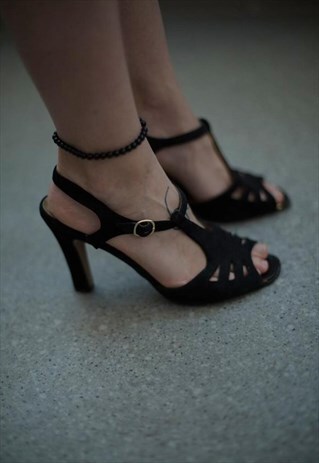 VINTAGE 70'S BLACK SUEDE HIGH-HEELED SANDALS