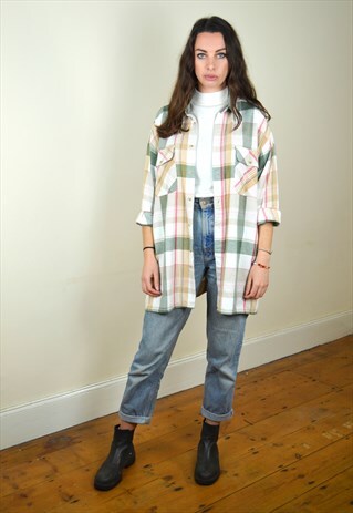 1990S VINTAGE CREAM & GREEN OVERSIZED FLANNEL SHIRT
