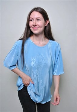 80's vintage ribbed blouse, minimalist pullover flowers top 