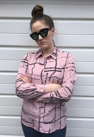 WOMENS VINTAGE 80S BLOUSE PINK CHAIN PATTERNED SHIRT TOP