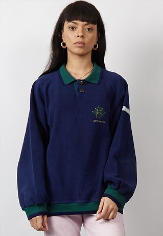 VINTAGE 80'S ROYAL BLUE FLEECE POLO SWEATSHIRT
