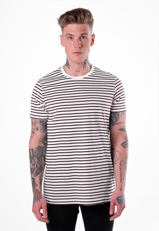 ESSENTIAL STRIPED T-SHIRT - WHITE/RED MAROON BURGUNDY