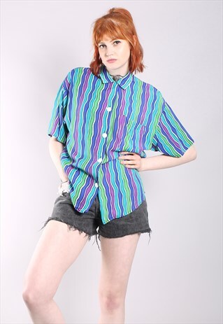 VINTAGE 80S CRAZY WAVY STRIPE OVERSIZE LONG SHIRT