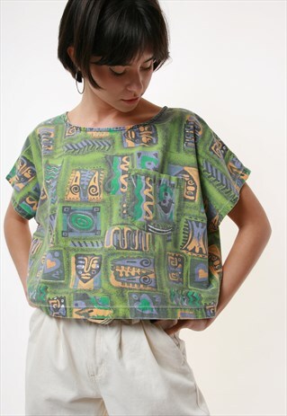 80S VINTAGE COTTON SWITZERLAND ABSTRACT PATTERN CROP TOP 178