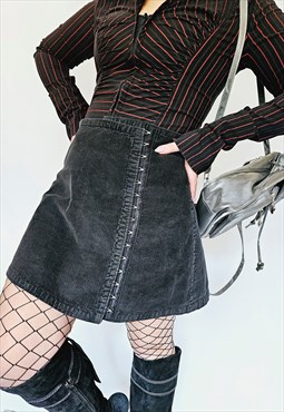 Y2k grey hook & eye corduroy wrap minimalist mini skirt