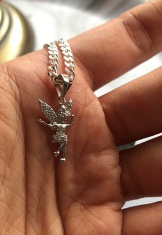 Sterling silver rhodium plated angel charm necklace for men