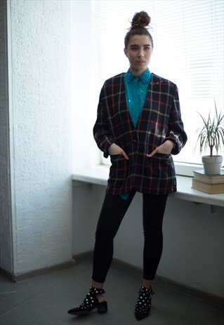 VINTAGE 80'S BLACK PLAID WOOL ONE BUTTON JACKET