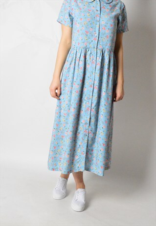 VINTAGE 80S LIGHT BLUE FLOWER PETER COLLAR MIDI DRESS