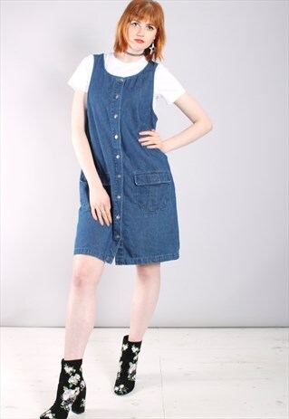 VINTAGE 90S BLUE DENIM BUTTON PINAFORE DRESS