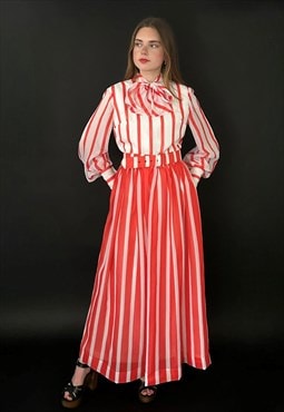 70's Vintage Trina Lewis Red White Pussy Bow Maxi Dress