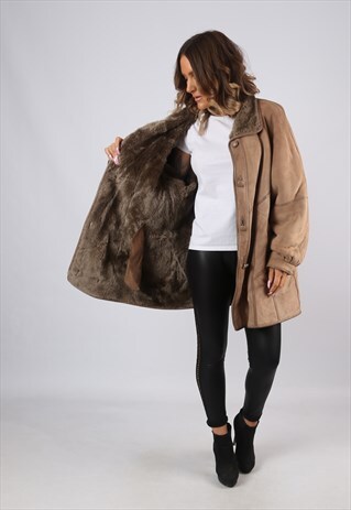 SHEEPSKIN SUEDE LEATHER SHEARLING COAT UK 18 XXL (JBJ)