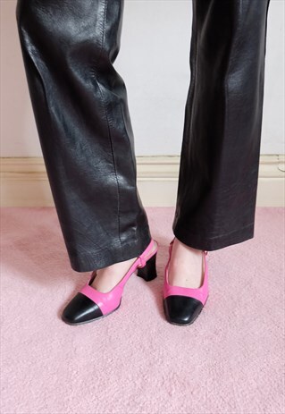 VINTAGE 70S PINK AND BLACK COLOURBLOCK SANDALS HIGH HEELS