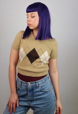 VINTAGE 90'S KNIT SHORT SLEEVES POLO NECK CROP TOP