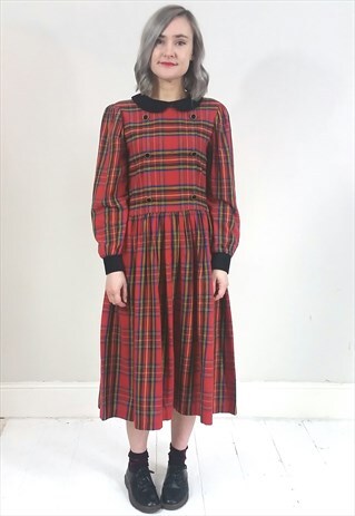 VINTAGE 90'S RED TARTAN DRESS W/ BLACK CORD PETER PAN COLLAR