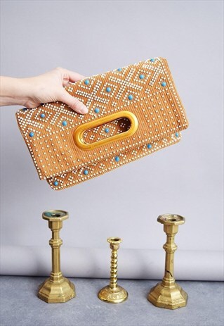 STUNNING VINTAGE 70'S BOHO GEOMETRIC MOD RETRO BAG CLUTCH
