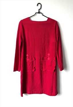 Red Wool Herringbone Shift Long Sleeve Dress With Pockets L