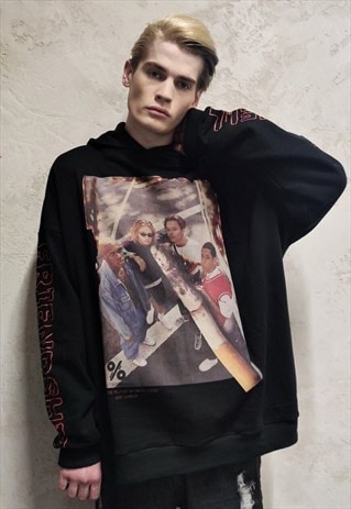 Y2K teenager hoodie friends slogan glitchy pullover in black
