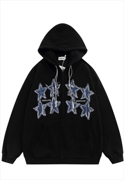 Denim patch hoodie jean star pullover grunge top in black