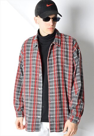 VINTAGE 90S RED GREY CHECK LONG SLEEVE SHIRT