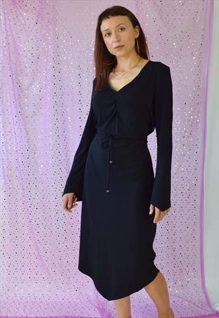 VINTAGE 90S Y2K BLACK SLINKY HANDKERCHIEF MIDI DRESS