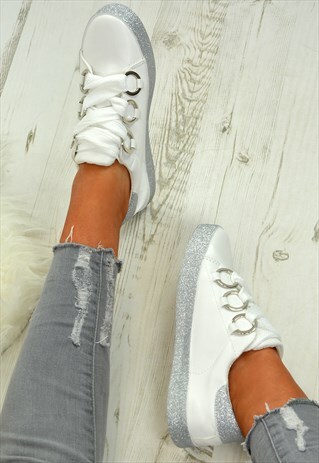 LADIES GLITTER SNEAKERS TRAINERS WHITE SILVER SHOES