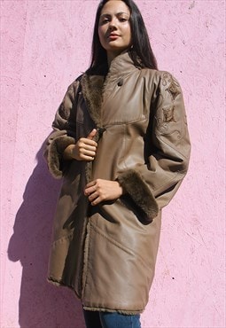 Brown Leather Coat with Faux Fur Lining