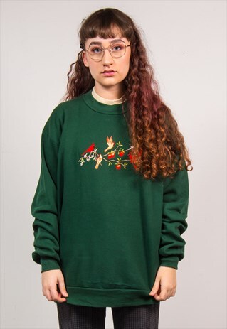 VINTAGE 90'S GREEN BIRD EMBROIDERED CUTE SWEATSHIRT