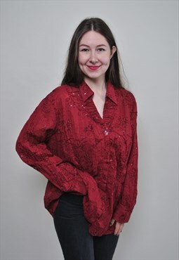 Flowers embroidery red blouse, diamond button evening shirt 
