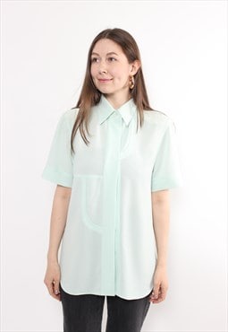 90s short sleeve green blouse, vintage minimalist formal top