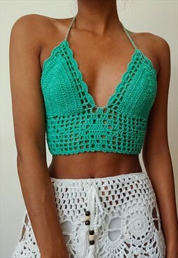 Tianna Teal Green Crochet festival tie back crop top 