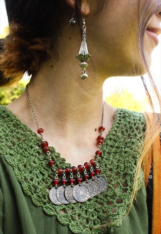 VINTAGE RED BOHO COIN NECKLACE