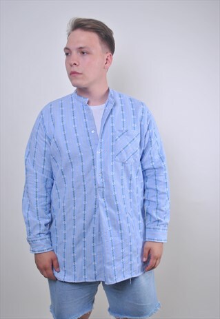 70S HIPPIE FLOWERS BLUE PONCHO LONG SLEEVE SHIRT, SIZE L