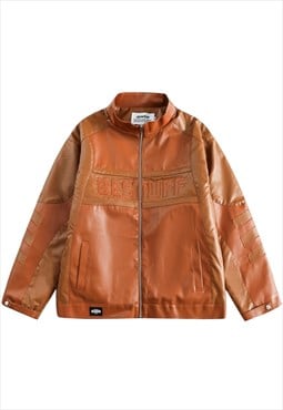Faux leather varsity jacket padded racing bomber in brown