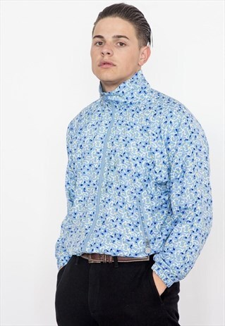 90S VINTAGE MIXED BLUE PRINT BOMBER JACKET