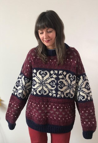 VINTAGE NAVY WHITE & BURGUNDY KNIT JUMPER.