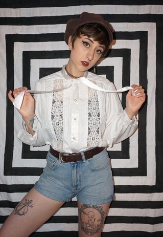 VINTAGE 80'S PUSSY BOW VICTORIAN STYLE LACE PANEL BLOUSE