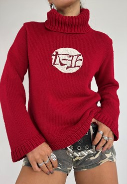 Vintage Y2k Jumper Knit Chunky Turtle Neck Sweater 90s Red