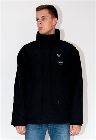 VINTAGE RETRO BLACK FRED PERRY WARM WINTER JACKET COAT
