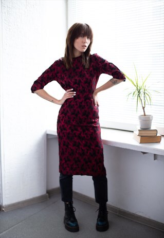 VINTAGE 80'S RED TEXTURED PATTERNED MIDI DRESS