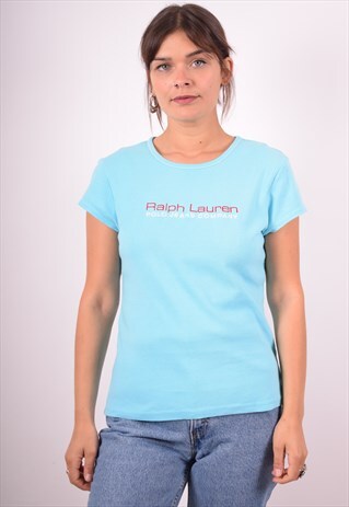 POLO RALPH LAUREN WOMENS VINTAGE T-SHIRT TOP LARGE BLUE 90S