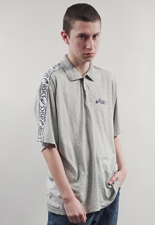 VINTAGE 90'S ASICS TAPED LIGHT GREY POLO T-SHIRT