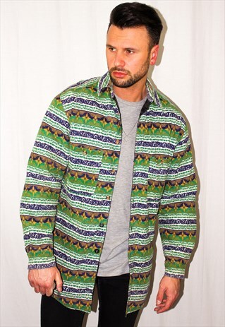 VINTAGE ABSTRACT PATTERNED QUILTED FLANNEL OVERSHIRT