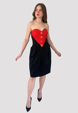 Estasi Vintage 80's Black Red Heart Strapless Cocktail Dress